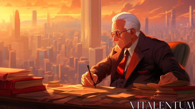 AI ART Senior Man in Office Writing at Desk with Cityscape View