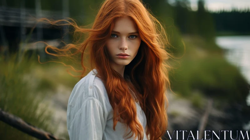 Serious Young Woman with Red Hair in Forest AI Image