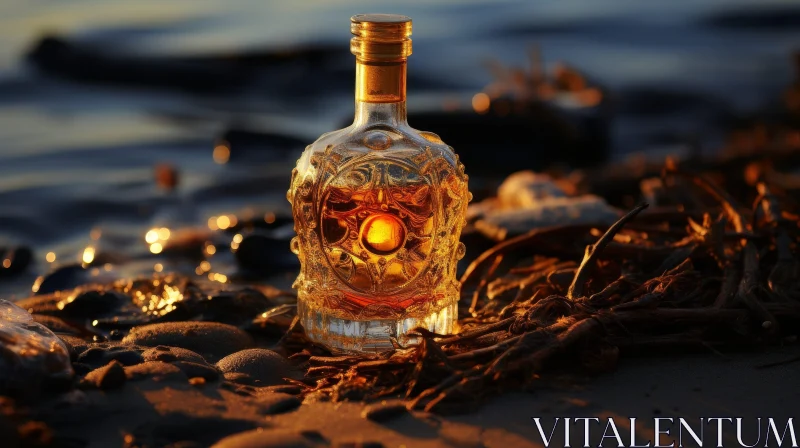 AI ART Sunset Beach Cognac Bottle on Sand