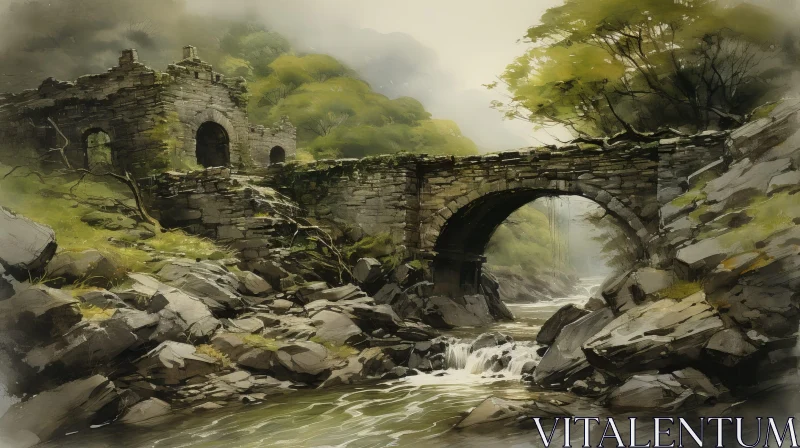 Tranquil Watercolor Painting of Stone Bridge in Forest AI Image