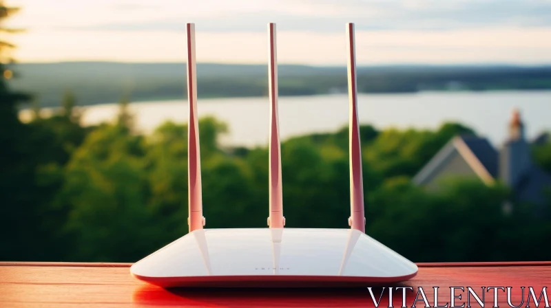 AI ART White Wi-Fi Router on Wooden Table with Lake View Background