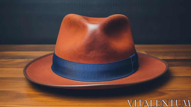 Brown Leather Hat with Blue Ribbon on Wooden Table AI Image