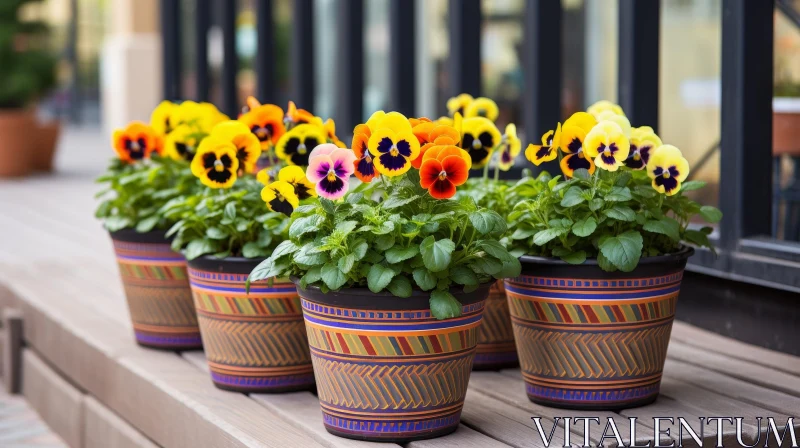 Colorful Pansies on Wooden Surface AI Image