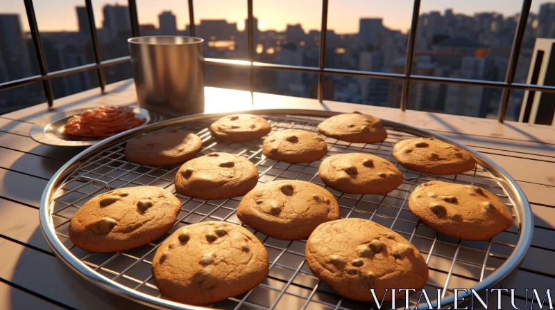 Delicious Chocolate Chip Cookies with Milk at Sunset AI Image