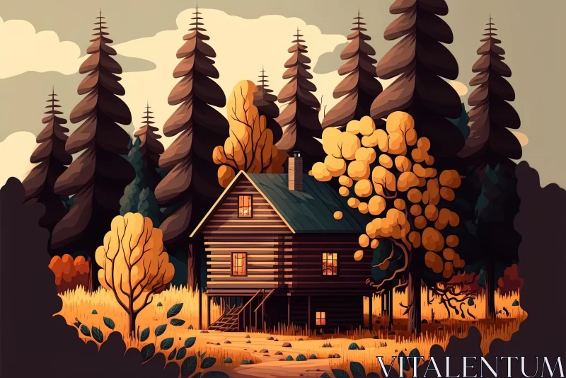 Enchanting Cabin in the Forest | Golden Hues | Illustration AI Image