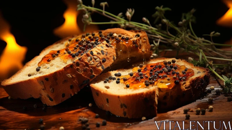 AI ART Exquisite Close-up of Bread with Honey and Peppercorns