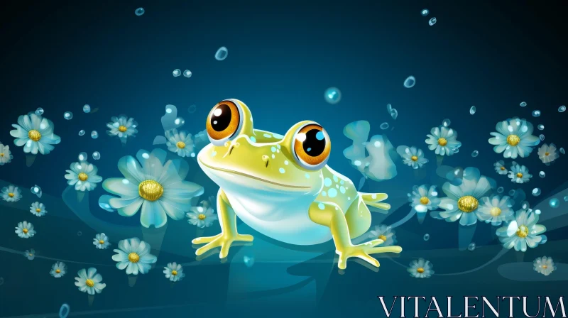 Green Frog Cartoon Illustration in Pond AI Image