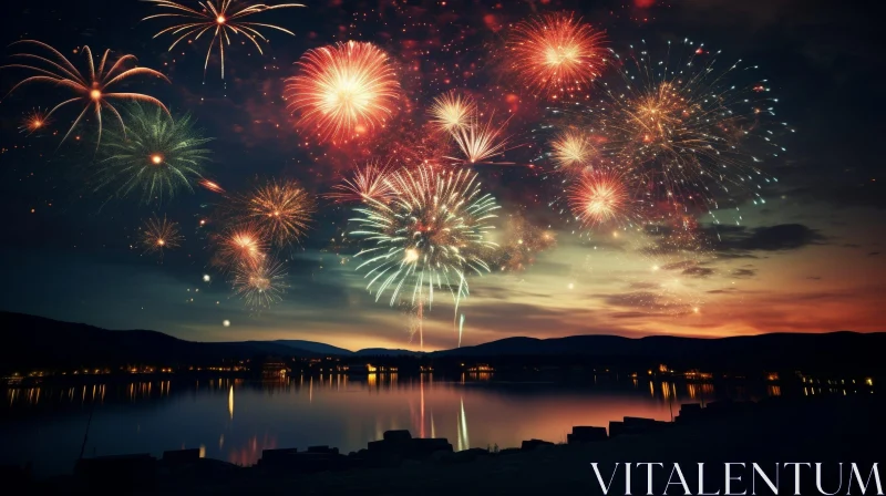 Night Sky Landscape with Fireworks and Snowy Mountains AI Image
