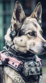 Serious Dog in Tactical Vest and Headset Ready for Action