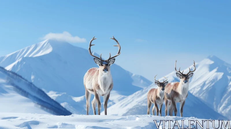 Snow-Covered Mountaintop with Three Deer - Wildlife Scene AI Image