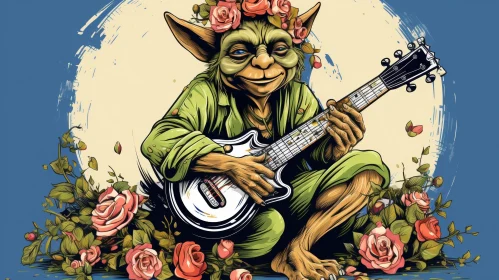 Whimsical Goblin Playing Guitar Among Roses