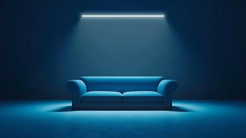 Blue Couch in Dark Room 3D Rendering