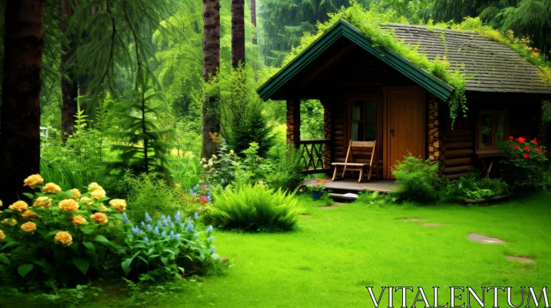 AI ART Enchanting Wooden Cabin in Lush Forest