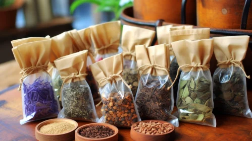 Exquisite Dried Herbs and Spices in Muslin Bags and Wooden Bowls