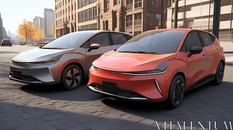 AI ART Futuristic Electric Cars Parked on Urban Street | Orange and Crimson Tones