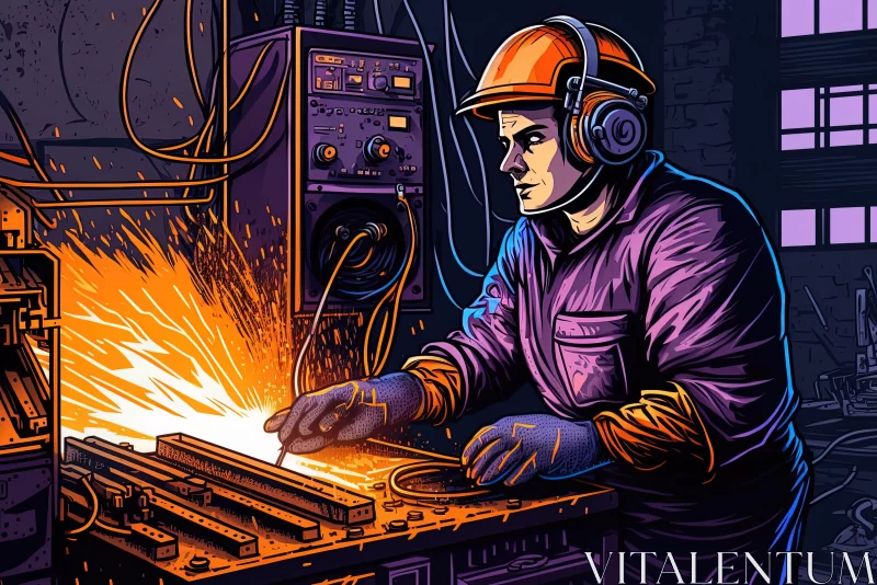 AI ART Industrial Worker Creating Vibrant Illustrations with Iron Tool
