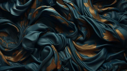 Luxurious Blue Silk Fabric with Golden Floral Pattern