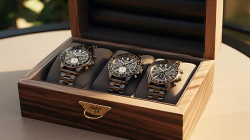 Luxury Watches in Wooden Box | Black Metal Bands | Green Field Background