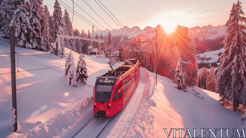 Red Train in Snowy Mountain Landscape at Sunset AI Image