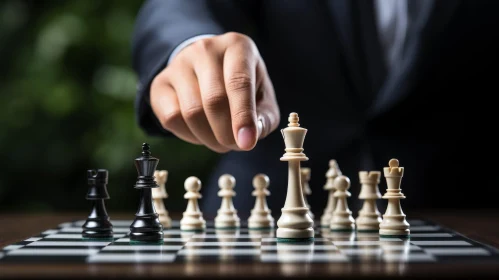 Strategic Chess Piece Movement on Dark Wood Chessboard