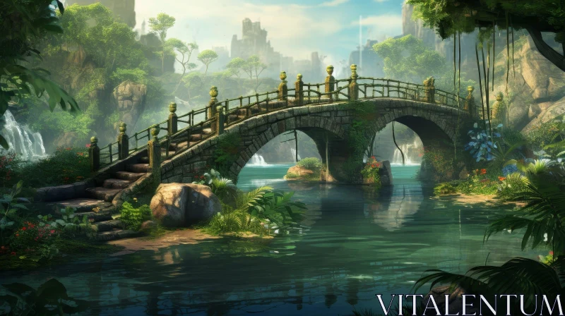 Tranquil Jungle Bridge Landscape AI Image