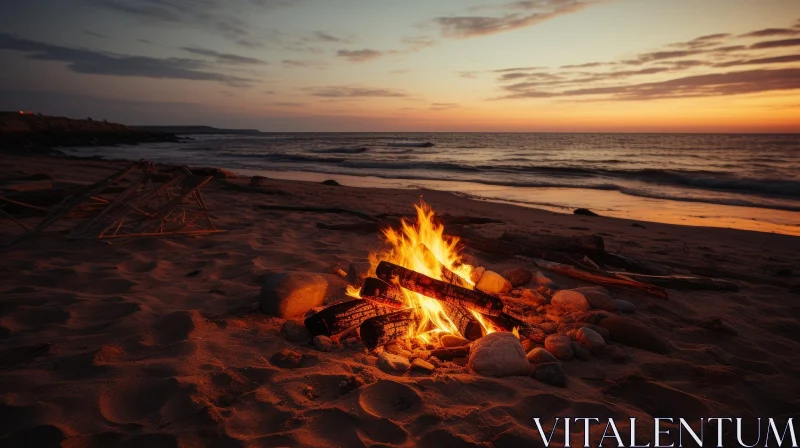 AI ART Bonfire on Beach at Sunset - Serene Nature Scene