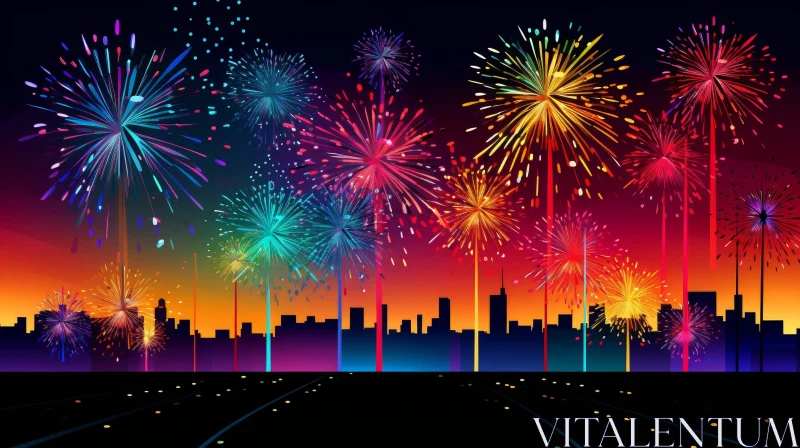 AI ART Colorful Fireworks Display Over Cityscape at Night