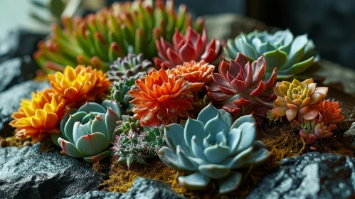 Colorful Succulents Close-up on Moss