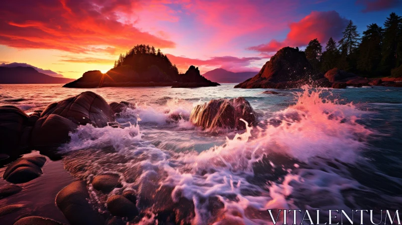 Colorful Sunset Landscape Photography of Rocky Beach AI Image