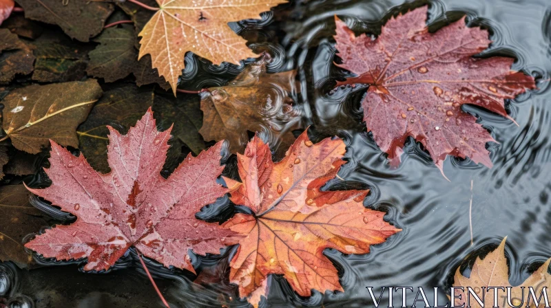 AI ART Decaying Maple Leaves on Pond Surface