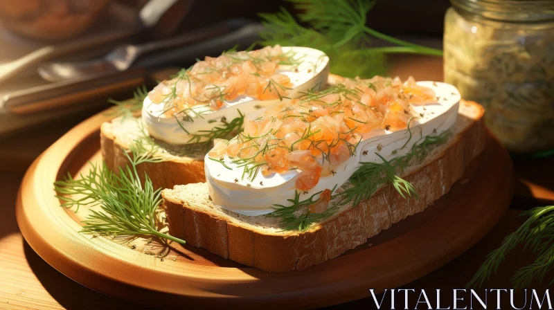 Delicious Open-Faced Salmon Sandwich on Wooden Plate AI Image