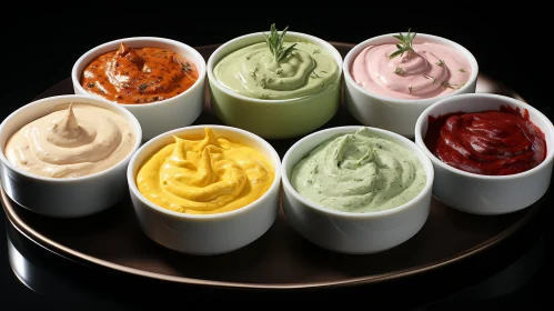 Delicious Variety of Sauces in White Bowls on Brown Plate