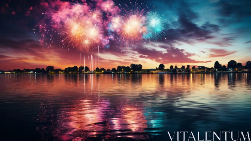 Dusk Lake Landscape with Fireworks AI Image