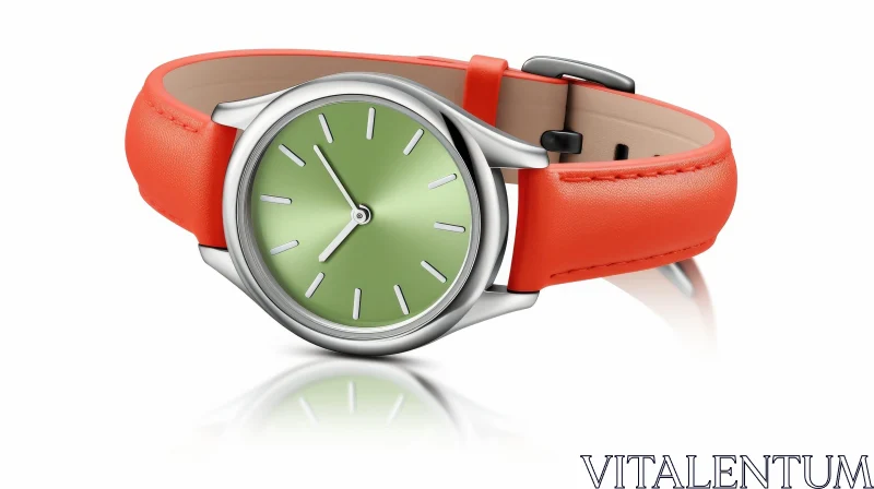 AI ART Elegant 3D Rendered Wristwatch with Green Dial and Orange Leather Strap