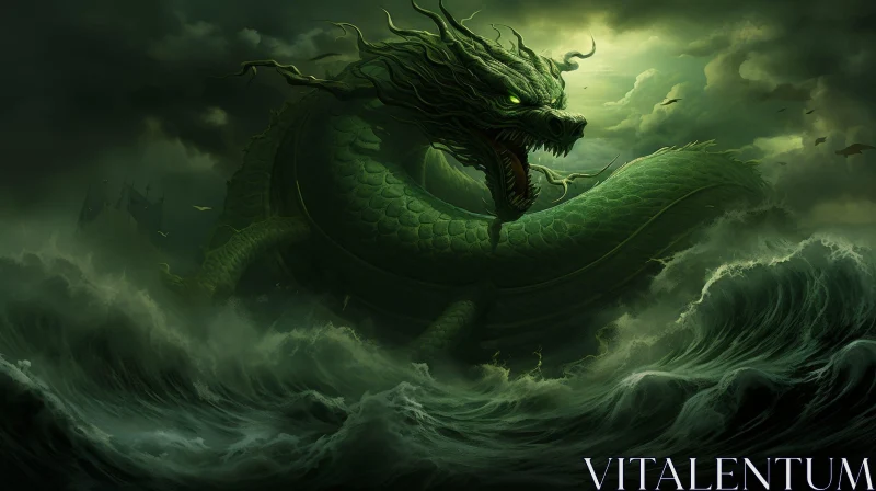 Emerald Dragon Rising from the Sea - Fantasy Digital Art AI Image