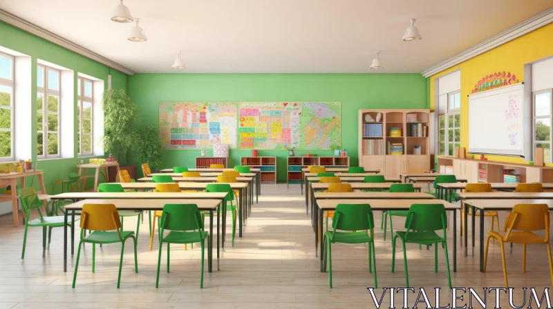 AI ART Green-Walled Classroom with Student Desks and Chalkboard