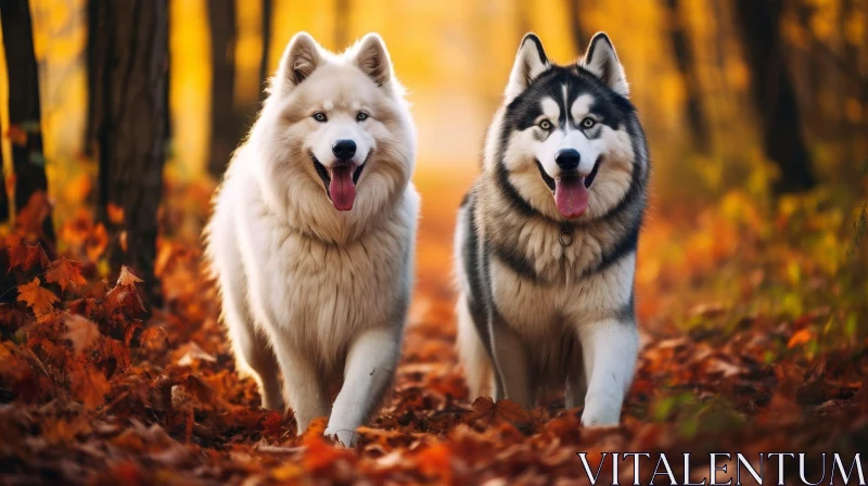 Siberian Huskies Playing in Fall Forest AI Image