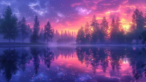 Tranquil Forest and Lake Sunset Scene