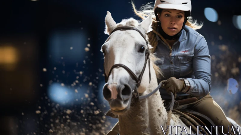 Woman Riding White Horse in Action | Arena Scene AI Image