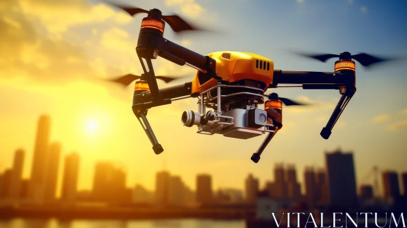 Yellow Drone Flying Over City at Sunset AI Image