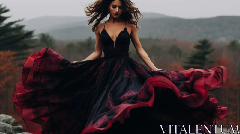 Young Woman in Black and Red Evening Gown on Mountain Rock AI Image