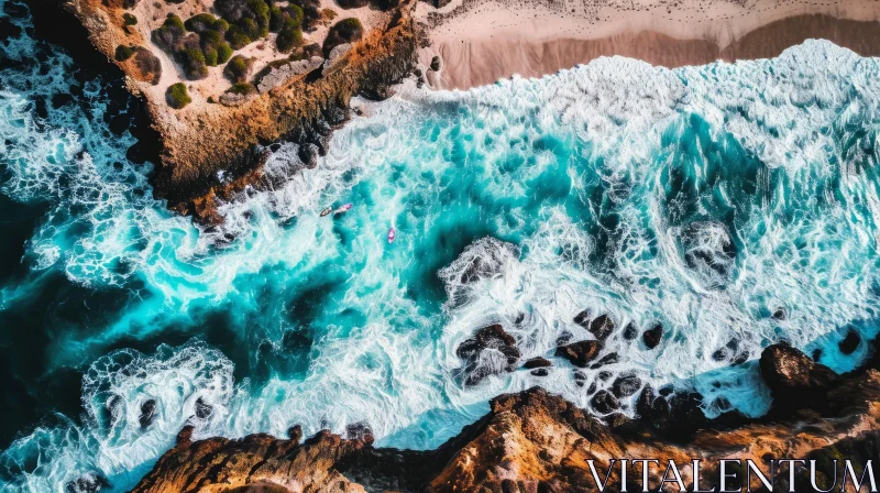 Aerial View of Surfers in Rough Sea AI Image
