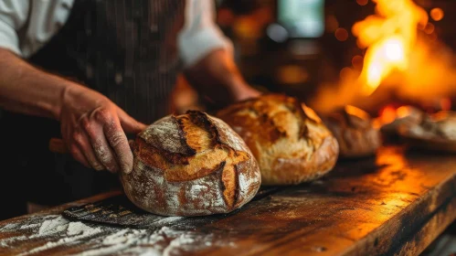 Baker with Freshly Baked Bread - Warm Oven Scene