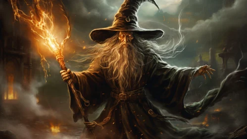 Dark Wizard Painting in Fiery Setting