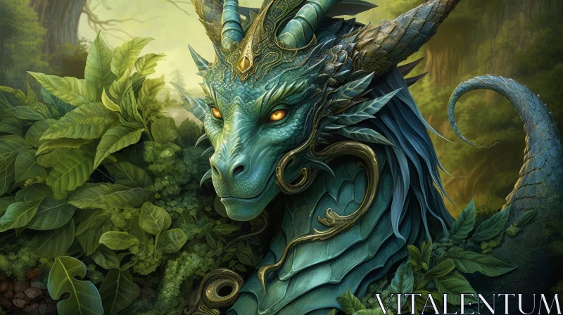 Enchanting Green Dragon in Forest - Digital Fantasy Art AI Image