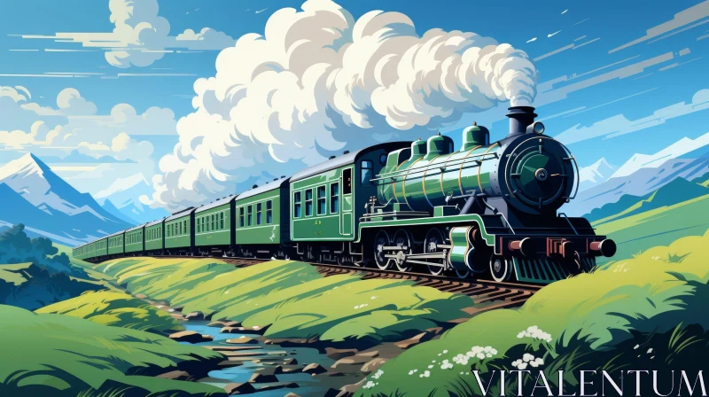 Green Steam Train Illustration in Lush Valley AI Image