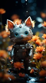 Metal Cat Robot in Orange Flower Field