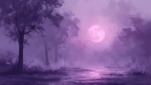 Purple Forest Moon Landscape Painting
