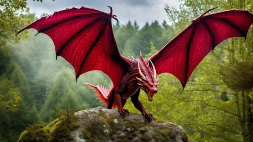 Red Dragon Fantasy Art in Enchanted Forest