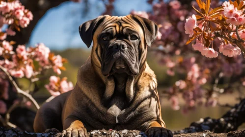 Serious Brown Dog with Muscular Build by Pink Flower Tree